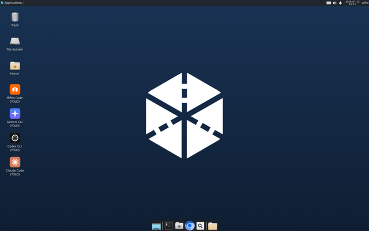 A real screenshot of the AIFCC Linux desktop - XFCE with the AIFCC logo as wallpaper and Claude Code, Codex, Gemini and MiMo launchers on the left.